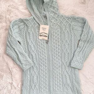 NWT Aran crafts Ireland 100% Merino Wool Long Cable Knit Zip Sweater w/Hood XS